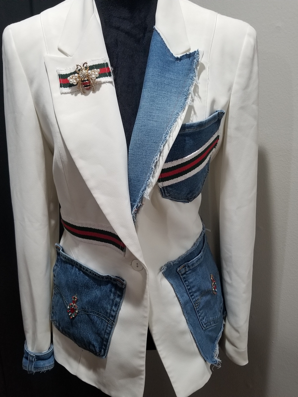 Custom White Blazer with Denim Patchwork & Bee Brooch